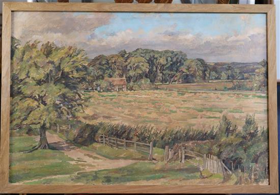 Percy Horton (1897-1970) Sussex farm at harvest time 17 x 25.5in.